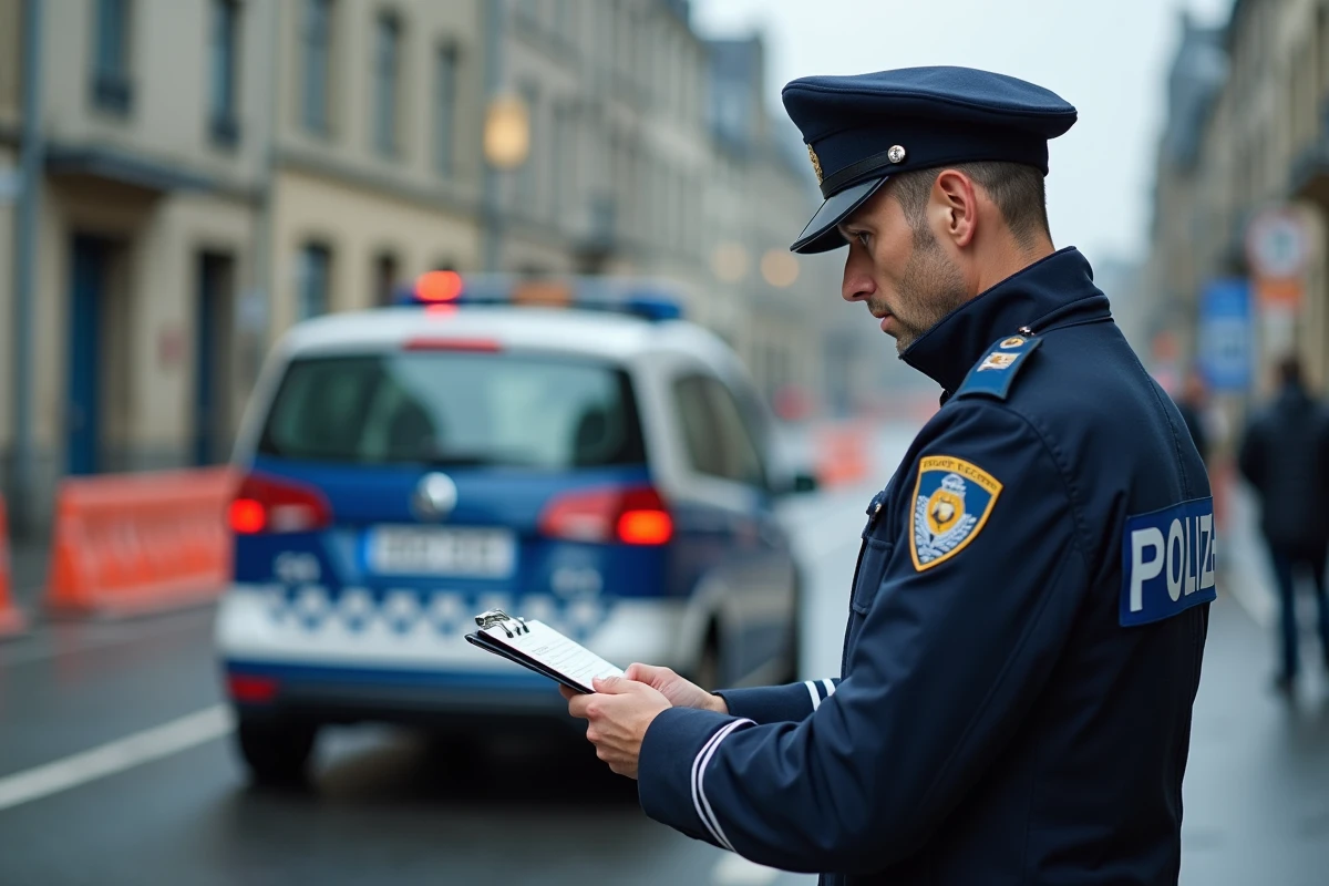 Policier français examinant des documents sur les lieux d'un accident à Lorient sous un ciel couvert