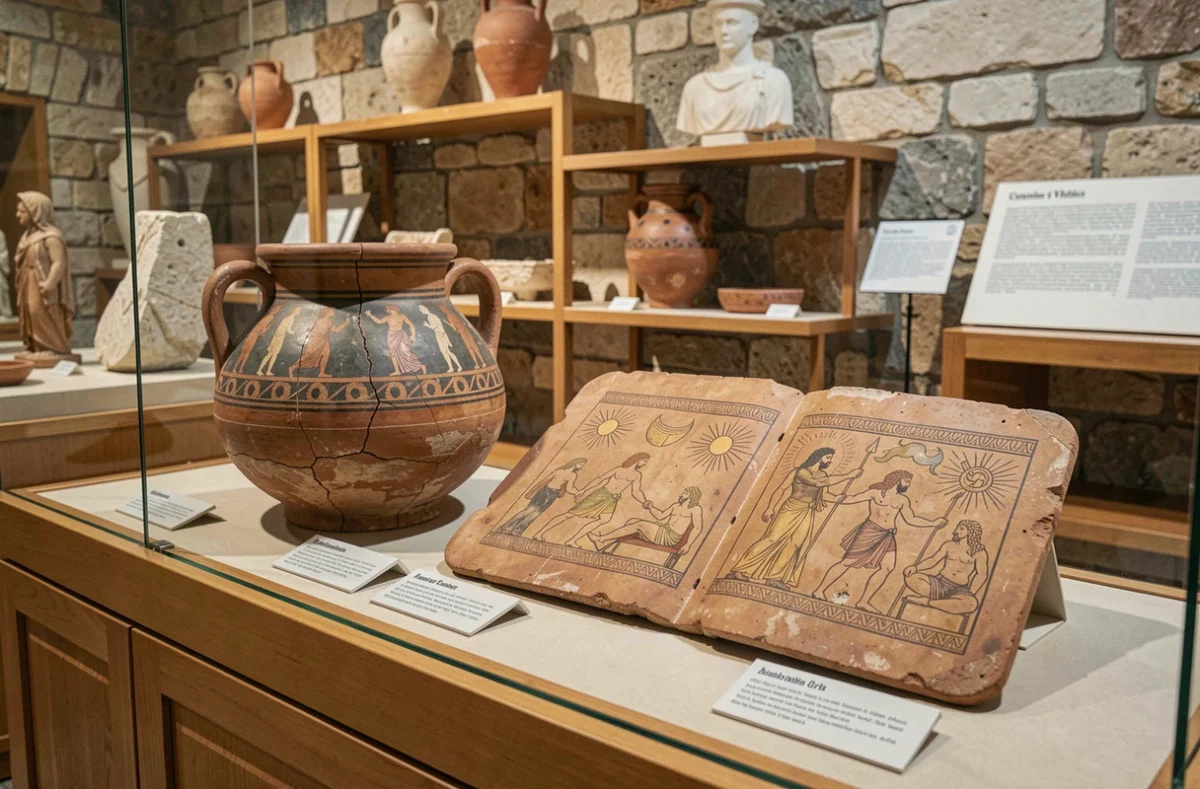 Poteries et tablettes grecques antiques dans une vitrine de musée illustrant des scènes mythologiques de divinités terrestres liées à Gaïa