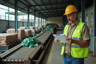 Professionnel de la gestion des déchets examinant des documents dans un centre de tri industriel moderne