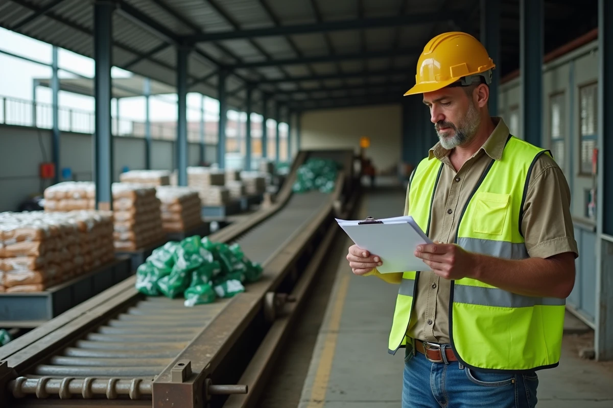 Professionnel de la gestion des déchets examinant des documents dans un centre de tri industriel moderne