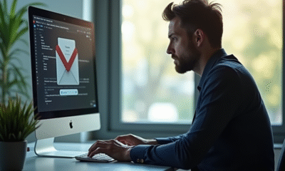 Professionnel inquiet devant un ordinateur avec erreur webmail