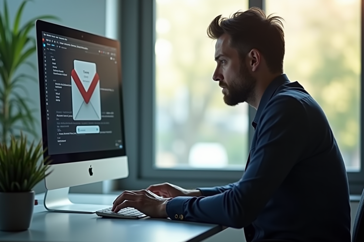 Professionnel inquiet devant un ordinateur avec erreur webmail