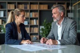 Deux professionnels en réunion dans un bureau moderne