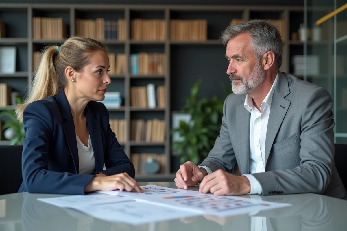 Deux professionnels en réunion dans un bureau moderne