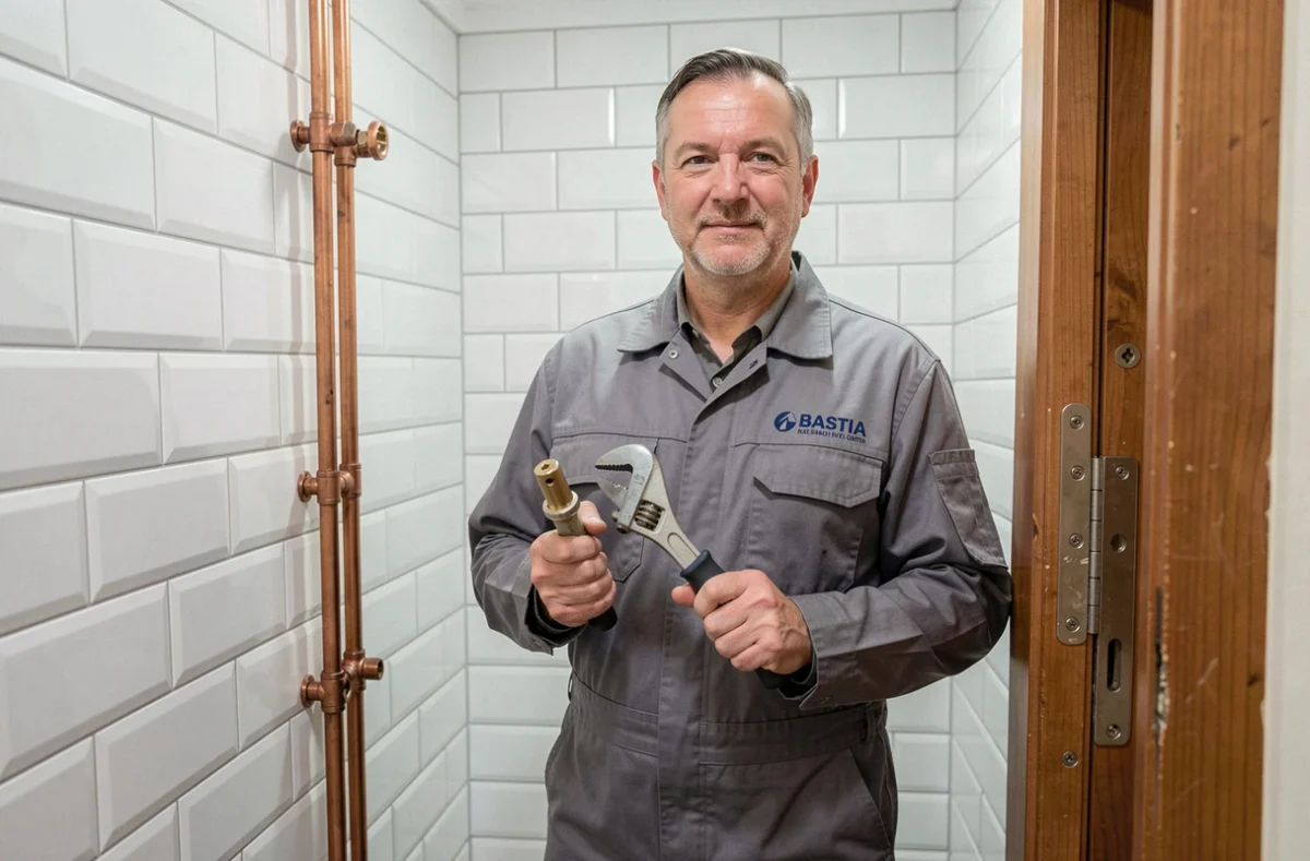 Technicien de Proxeo S.I.P.P. tenant des outils de serrurerie et de plomberie dans un appartement à Bastia