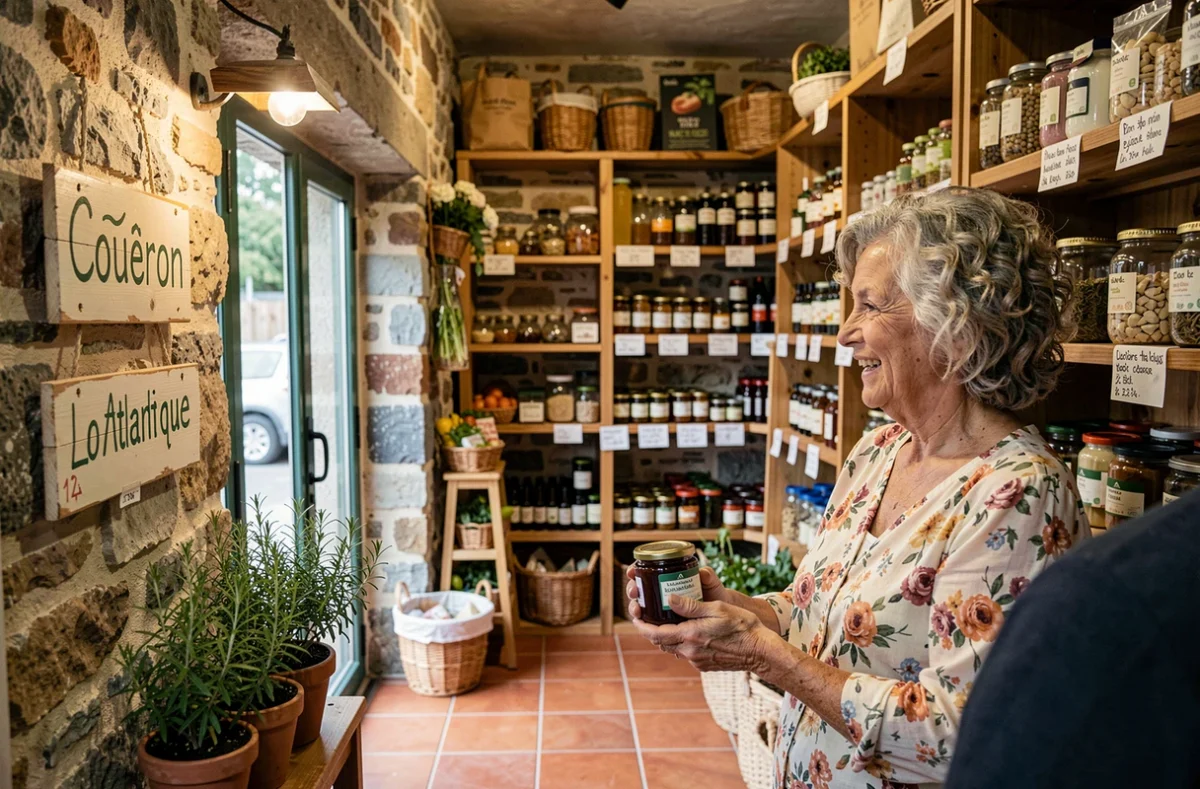 Intérieur de l'épicerie bio Le P'tit Poids à Couëron avec une commerçante tenant un pot de confiture bio et discutant avec une cliente