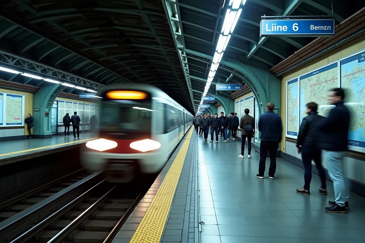 Quai de la ligne 6 du métro parisien avec train entrant en station et voyageurs attendant sur le bord du quai