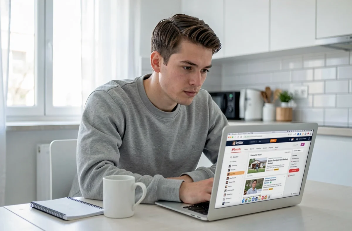 Jeune homme recherchant sur internet si le magasin Action est ouvert le dimanche depuis son appartement