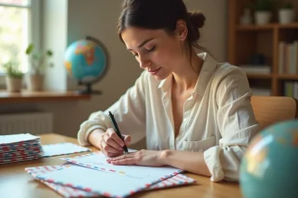 Femme écrivant une adresse internationale sur une enveloppe à son bureau à domicile