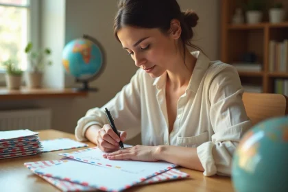 Femme écrivant une adresse internationale sur une enveloppe à son bureau à domicile