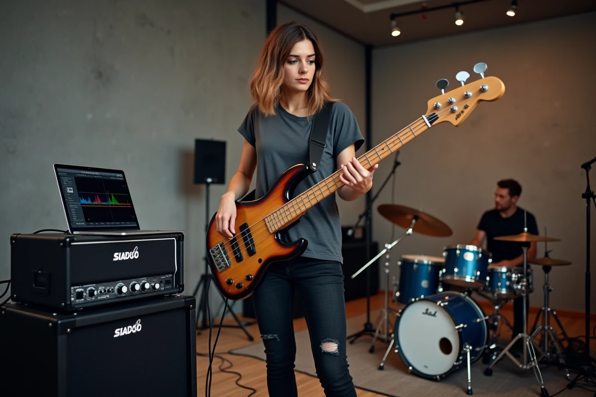 Bassiste consultant un simulateur de niveau sonore sur ordinateur portable dans une salle de répétition avec ampli basse
