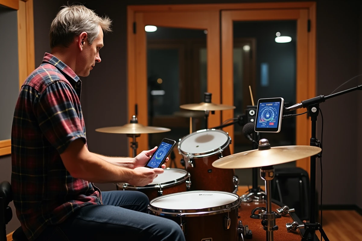 Batteur consultant une application de simulation de niveau sonore sur smartphone pendant le réglage de sa batterie en studio