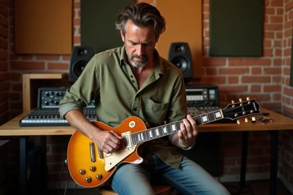Guitariste réglant les paramètres de sa guitare électrique dans un studio d'enregistrement home studio avec simulateur de niveau sonore