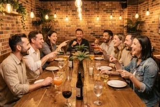 Groupe d'amis jouant à la règle Palmier autour d'une grande table avec des verres de cocktails et de vin lors d'un dîner animé