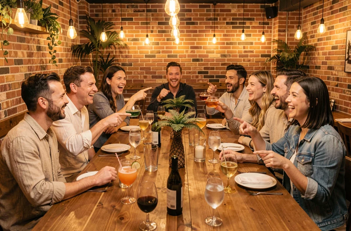 Groupe d'amis jouant à la règle Palmier autour d'une grande table avec des verres de cocktails et de vin lors d'un dîner animé