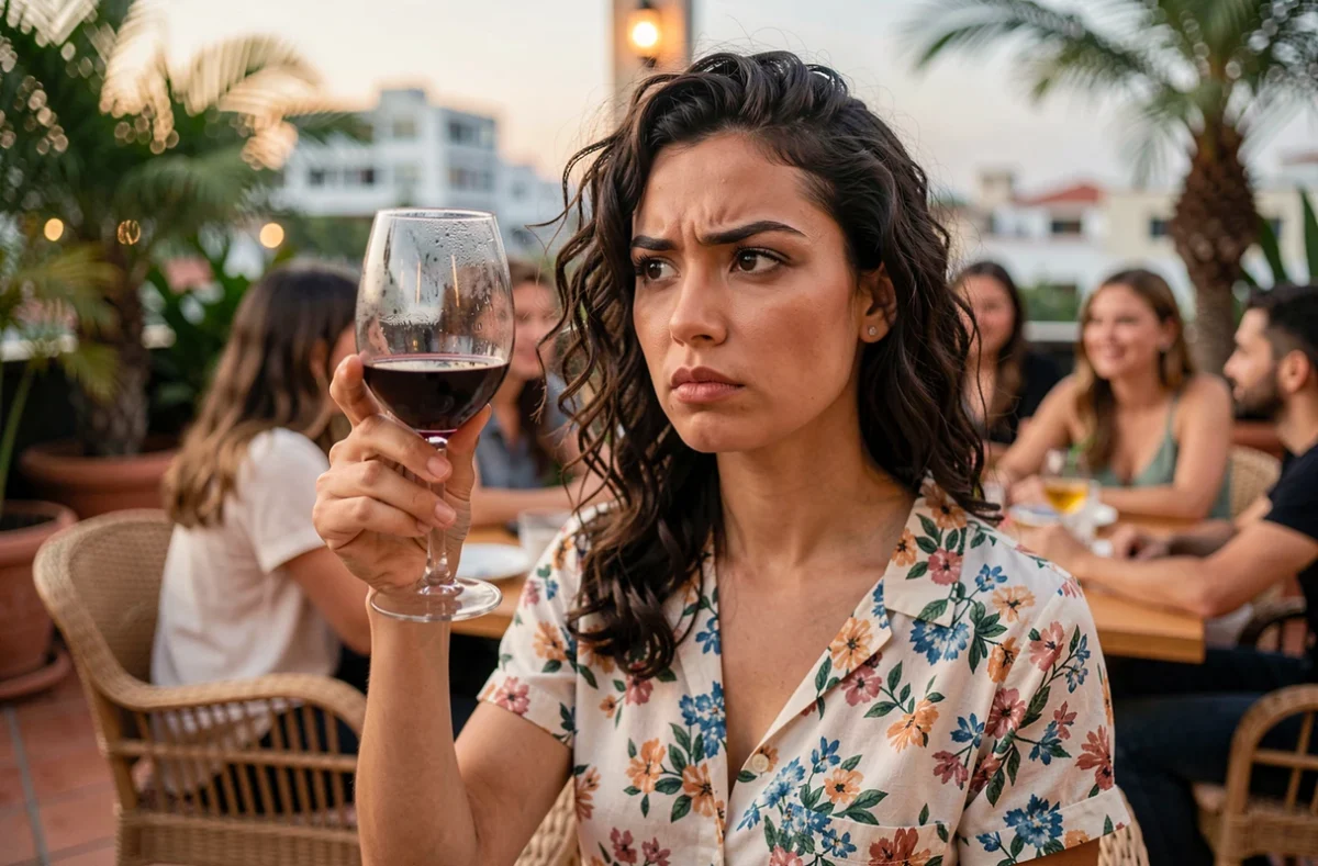 Jeune femme levant son verre de vin lors d'une partie de la règle Palmier en terrasse avec des amis en arrière-plan