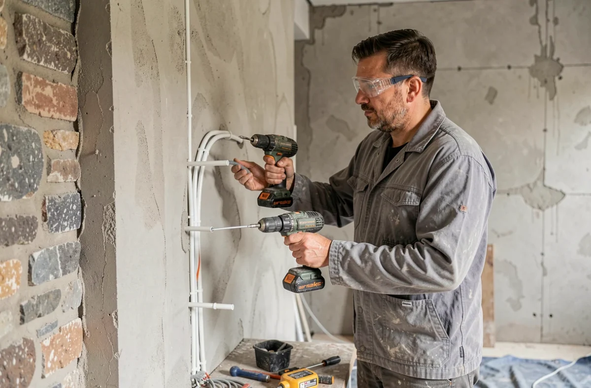 Électricien installant des conduits électriques dans une maison bordelaise en cours de rénovation intérieure
