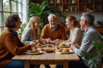 Groupe d'adultes partageant un repas convivial à la maison