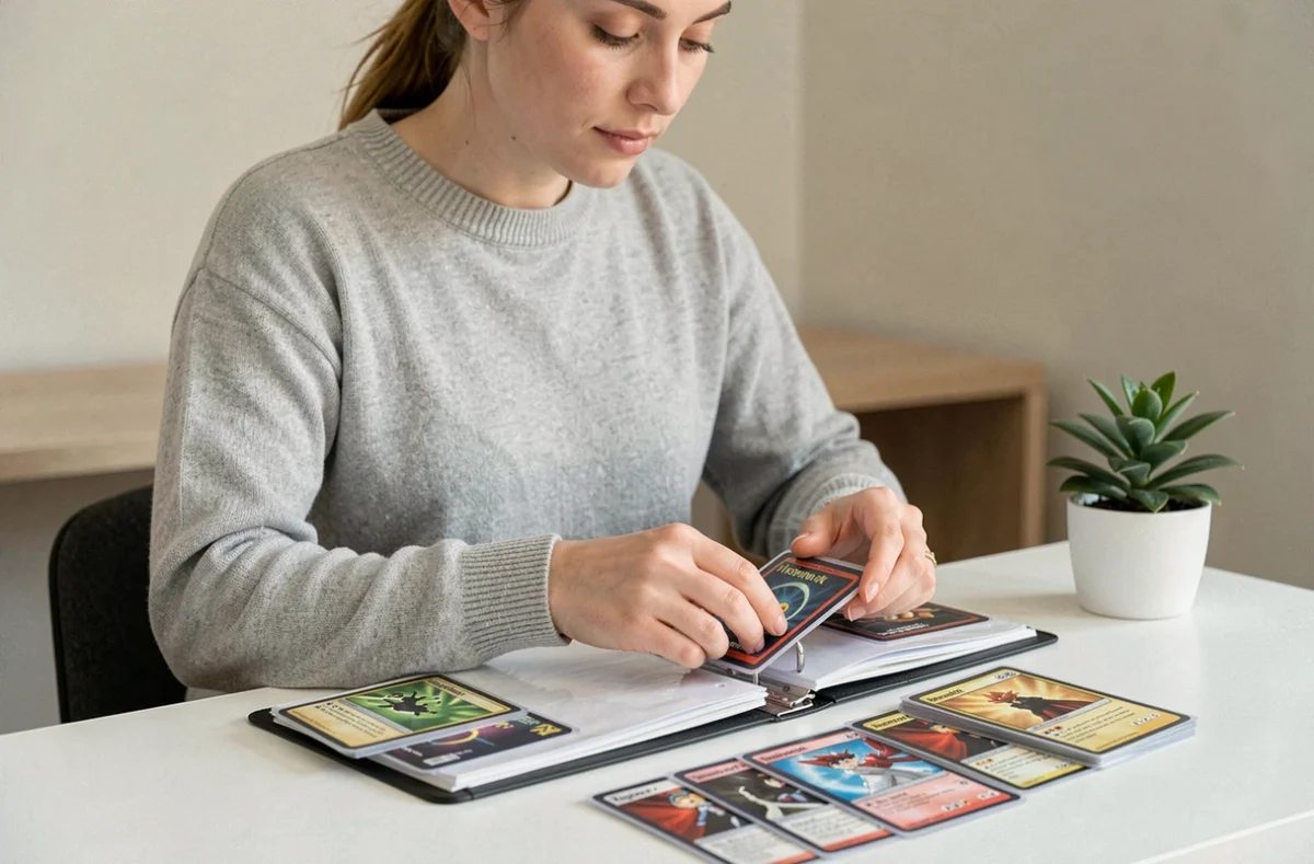 Femme rangeant et classant ses cartes Pokémon JCC Ripraz dans un classeur à domicile