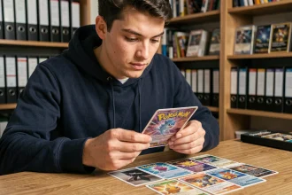 Jeune homme examinant des cartes Pokémon TCG tirées d'un booster Ripraz sur un bureau en bois