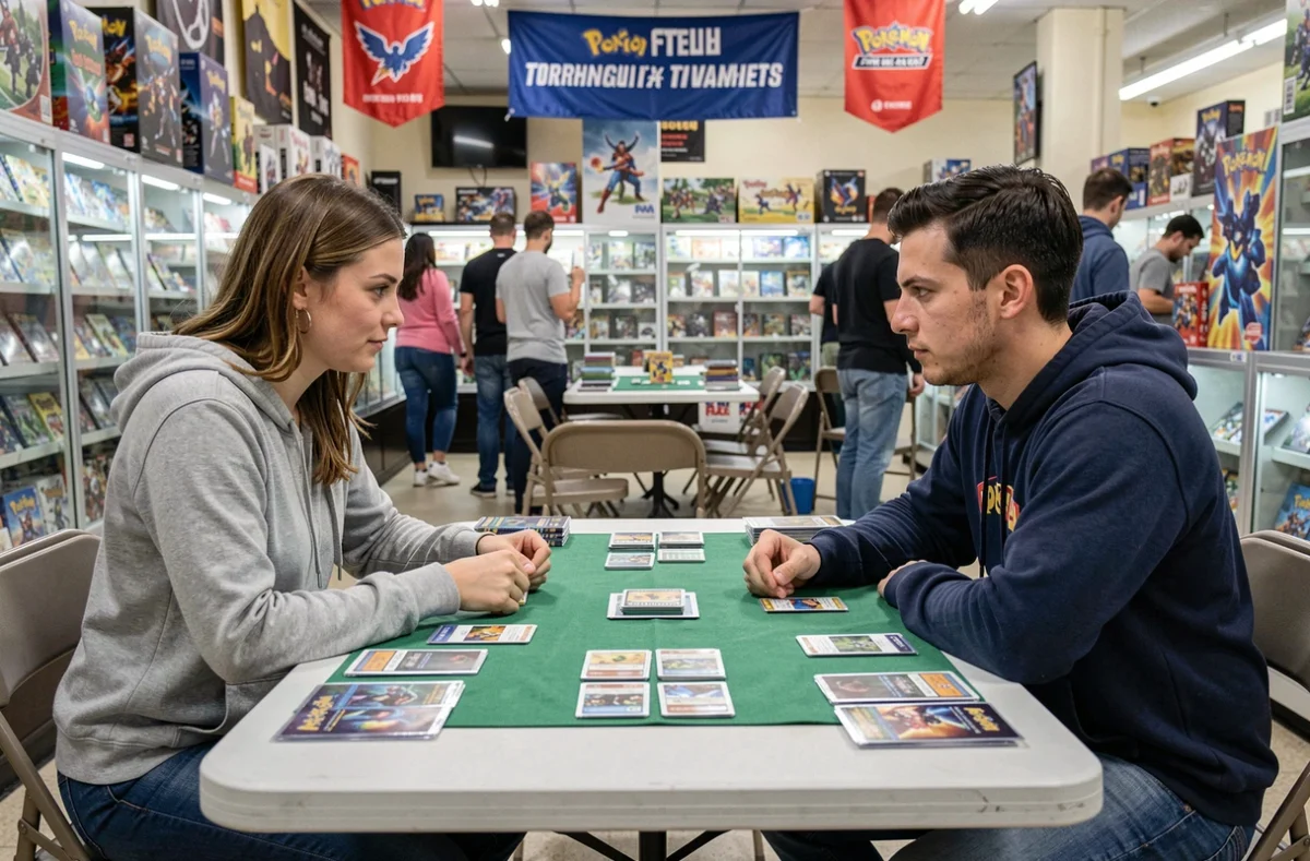 Deux joueurs adultes en plein duel de JCC Pokémon avec des cartes Ripraz dans un magasin de jeux