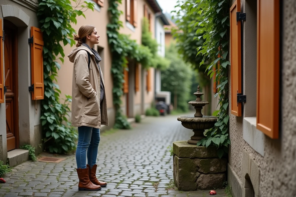 Voyageuse explorant une ruelle secrète d'un village alsacien avec maisons à colombages et fontaine en pierre cachée