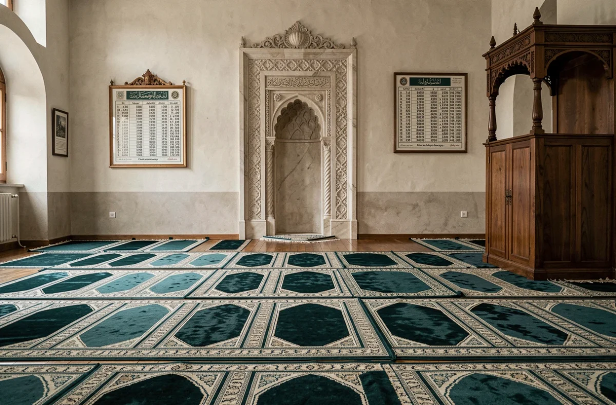 Intérieur d'une salle de prière d'une mosquée à Annemasse avec tableau des horaires de prière affiché