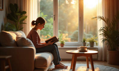 Salon cosy avec personne lisant un livre près d'une fenêtre