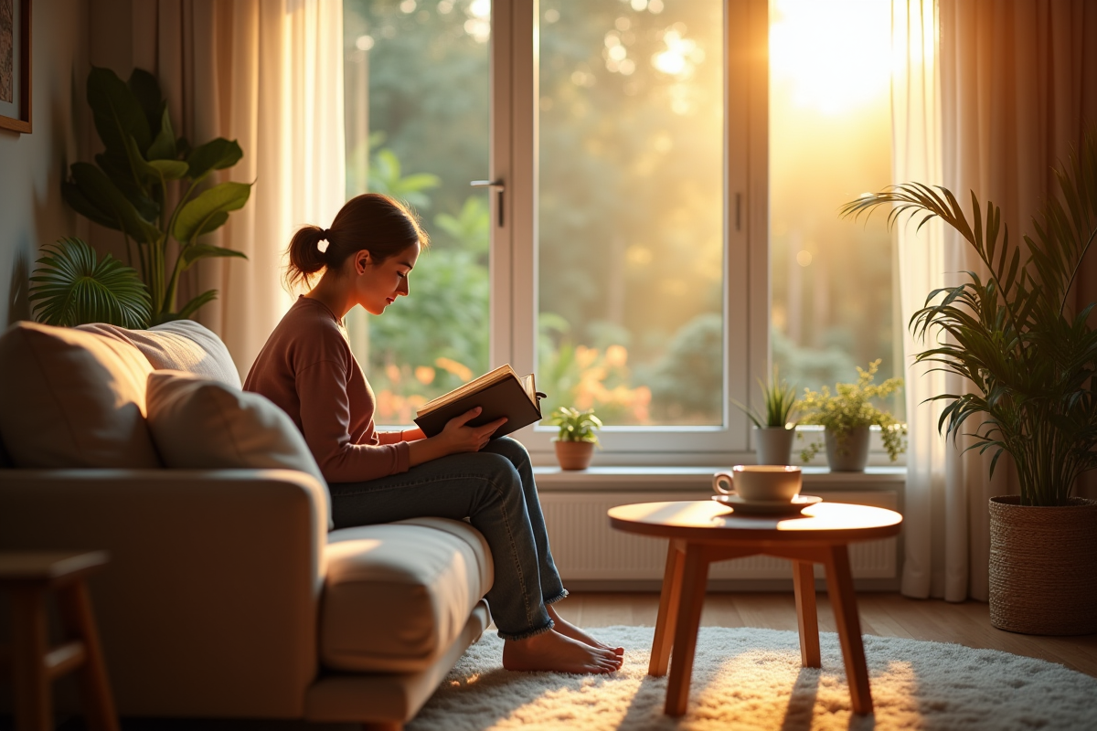 Salon cosy avec personne lisant un livre près d'une fenêtre
