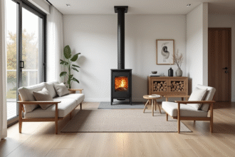 Salon scandinave moderne avec poele à bois minimaliste