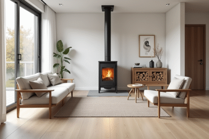 Salon scandinave moderne avec poele à bois minimaliste