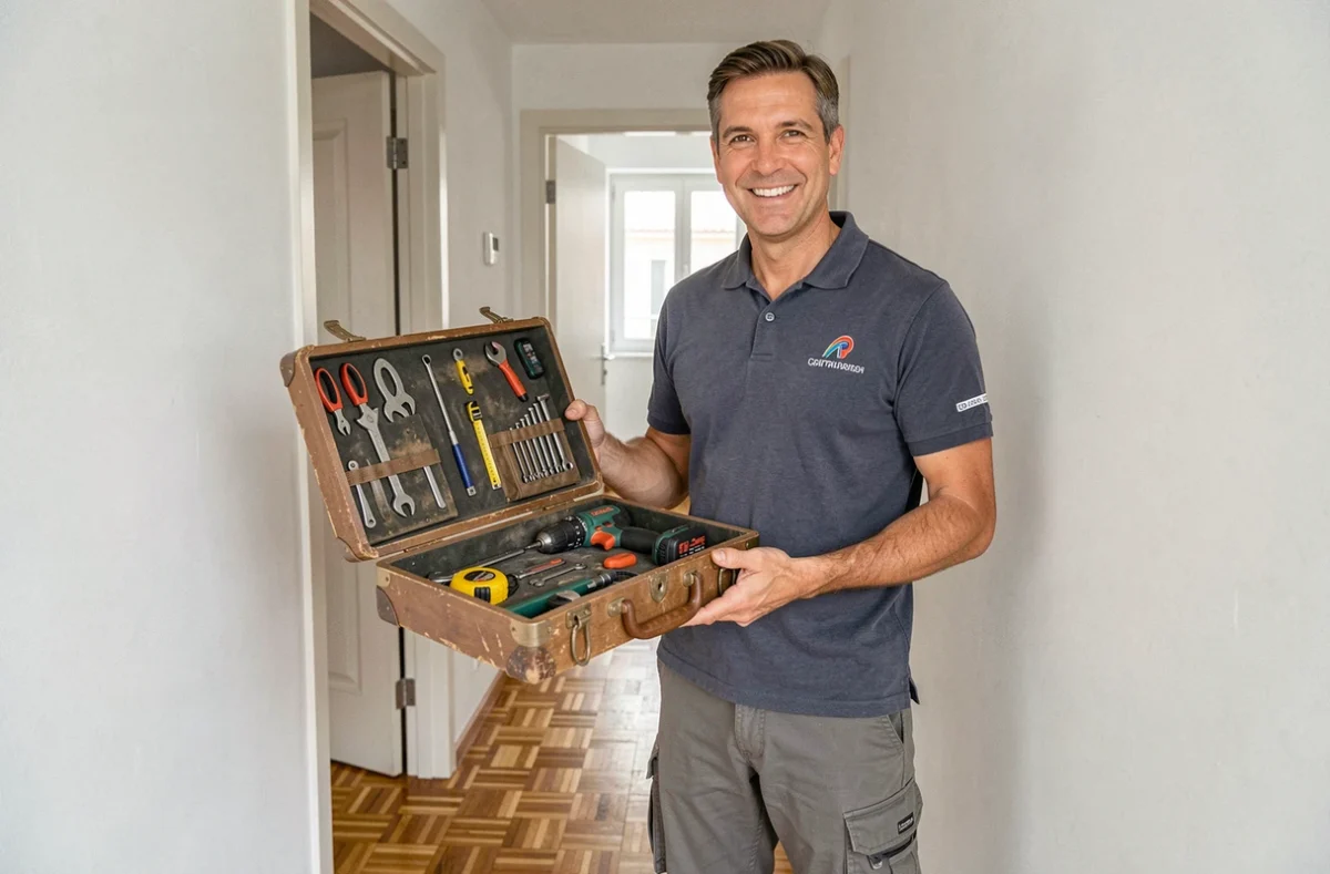 Homme à tout faire de Sam Service avec boîte à outils de serrurerie dans un appartement à Bastia