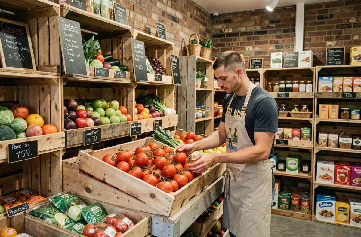 Intérieur du concept anti-gaspillage Sauve Ton Bio à Nantes avec un employé disposant des tomates bio imparfaites sur un présentoir en bois recyclé