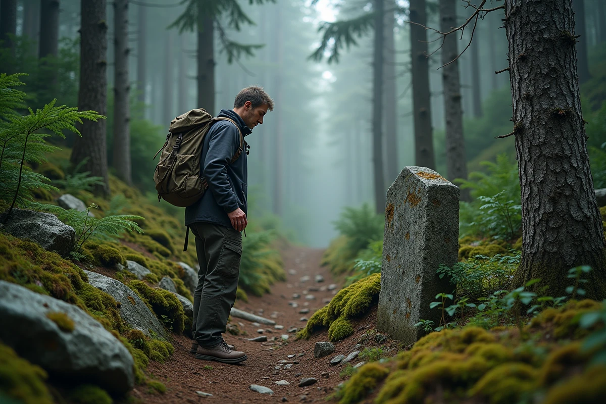 Randonneur découvrant un sentier forestier secret dans les Vosges alsaciennes avec rochers de grès et forêt de sapins