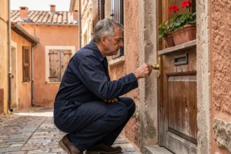 Serrurier professionnel en uniforme travaillant sur une porte en pierre typique de Haute-Corse