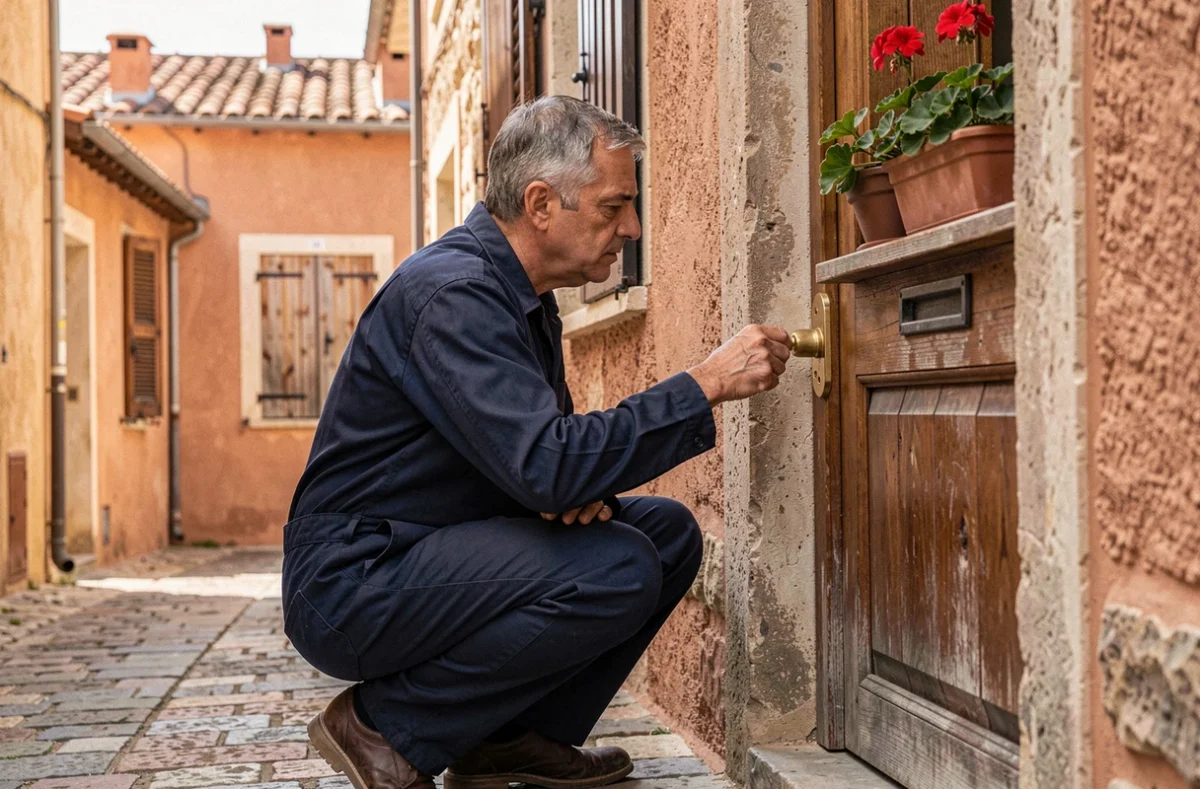 Serrurier professionnel en uniforme travaillant sur une porte en pierre typique de Haute-Corse