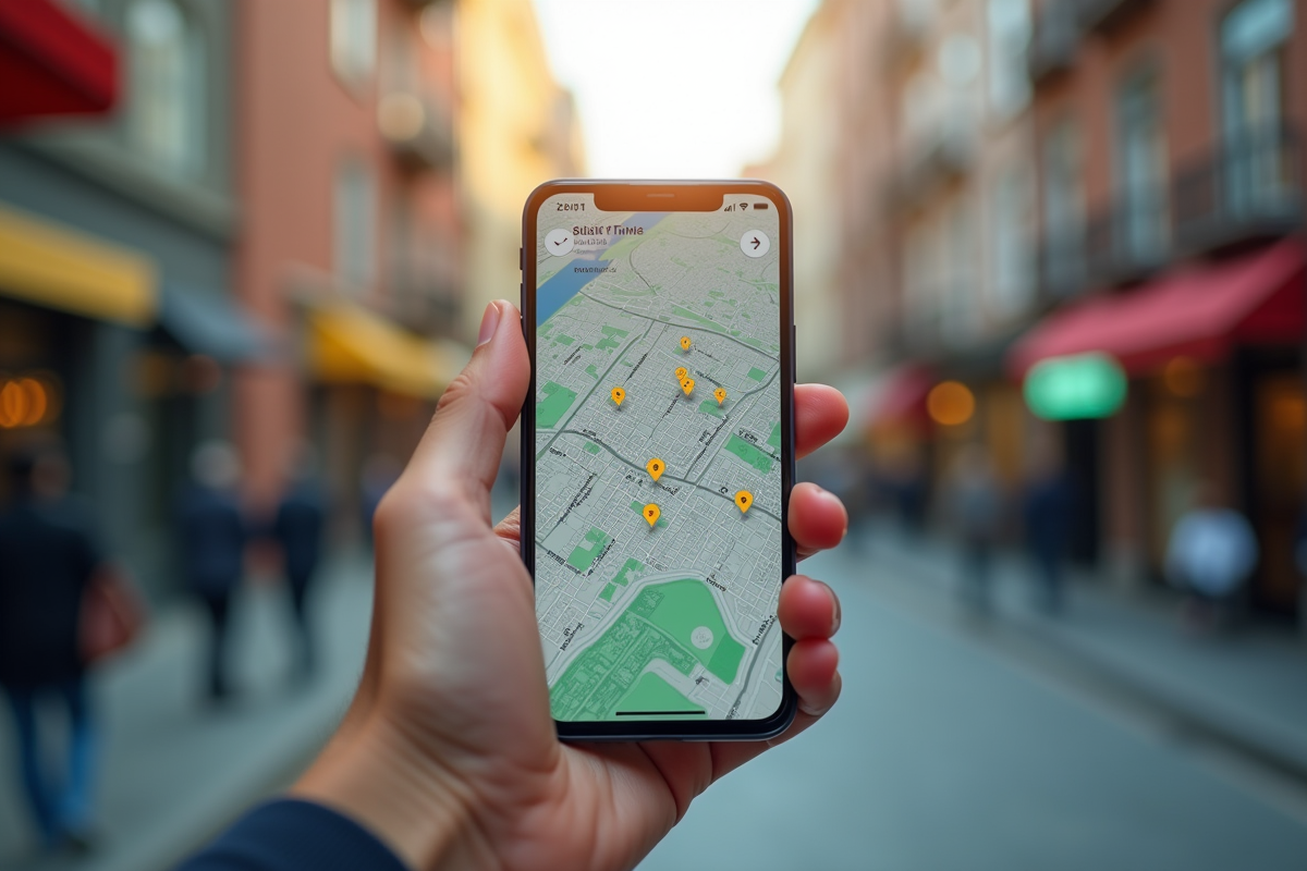 Smartphone affichant une carte urbaine interactive en plein air