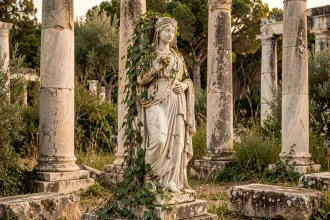 Statue de déesse grecque antique en marbre envahie par le lierre dans des ruines classiques, évoquant Gaïa mère primordiale de la mythologie grecque