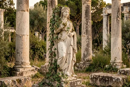 Statue de déesse grecque antique en marbre envahie par le lierre dans des ruines classiques, évoquant Gaïa mère primordiale de la mythologie grecque
