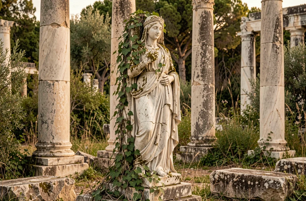 Statue de déesse grecque antique en marbre envahie par le lierre dans des ruines classiques, évoquant Gaïa mère primordiale de la mythologie grecque