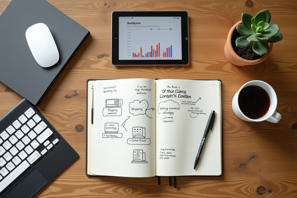 Vue aérienne d'un espace de travail de blogueur avec stratégie de monétisation manuscrite, tablette et accessoires sur table en bois