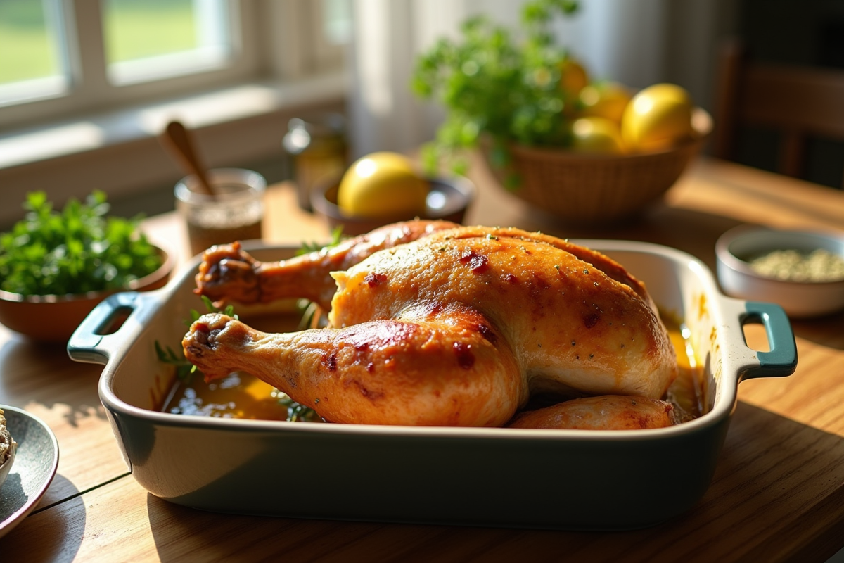 Table de famille avec dinde en sauce moutarde et ingrédients frais