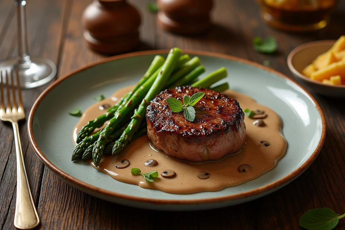 Table avec filet mignon sauce aux champignons et asperges