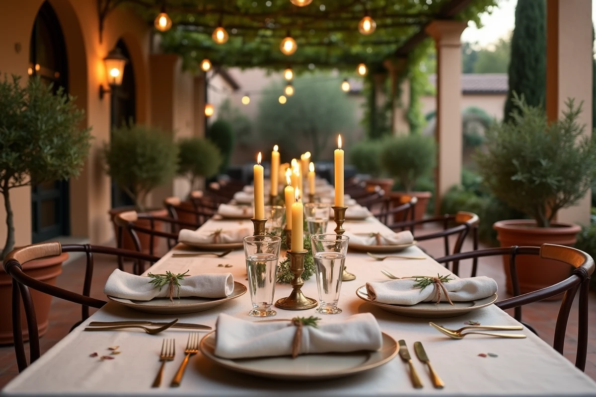 Table de dîner en plein air élégamment dressée sur une terrasse en terre cuite avec des bougies en cire d'abeille dans des chandeliers en laiton sous une pergola couverte de vigne