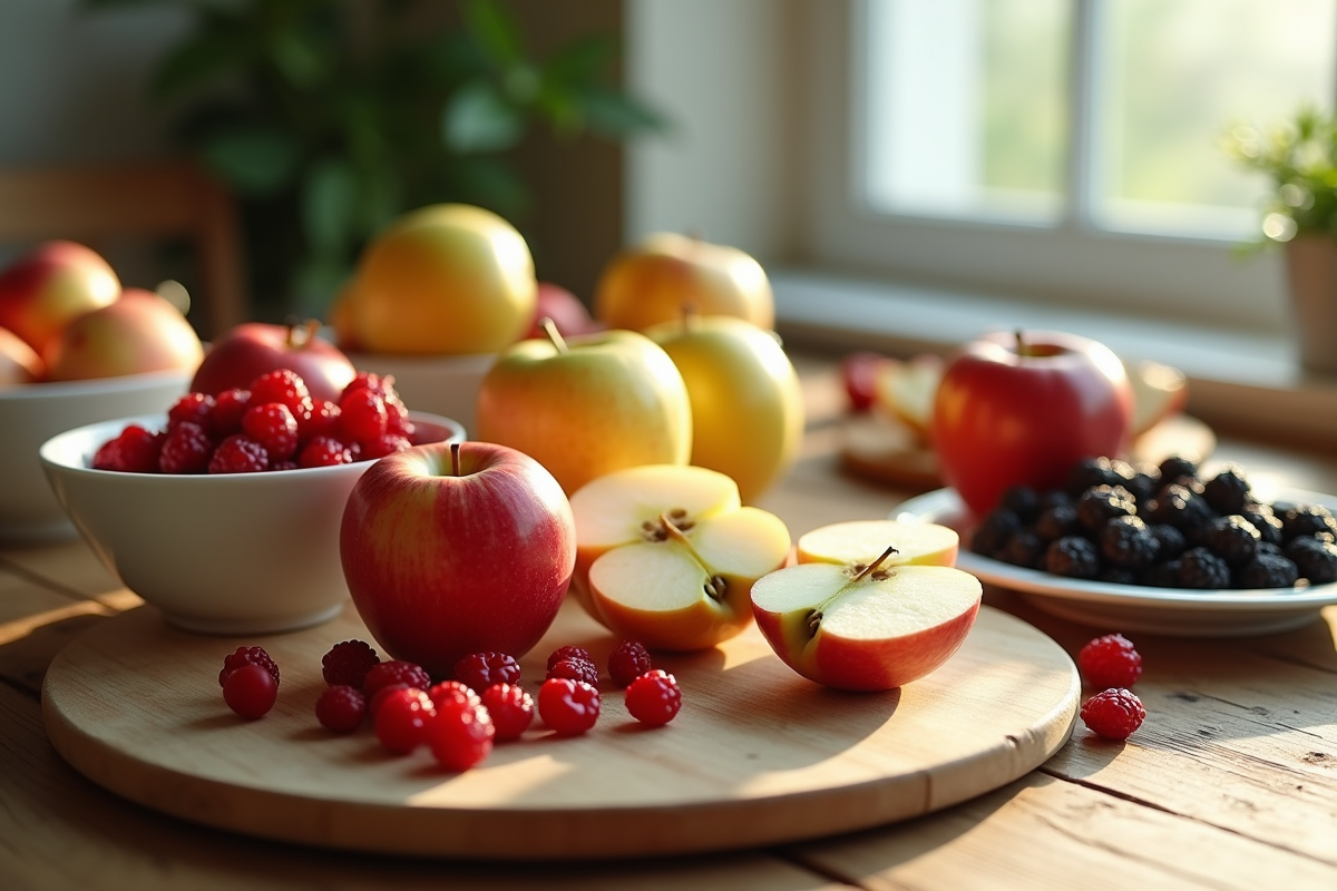 Table en bois avec fruits frais e comme Edelweiss et elderberries
