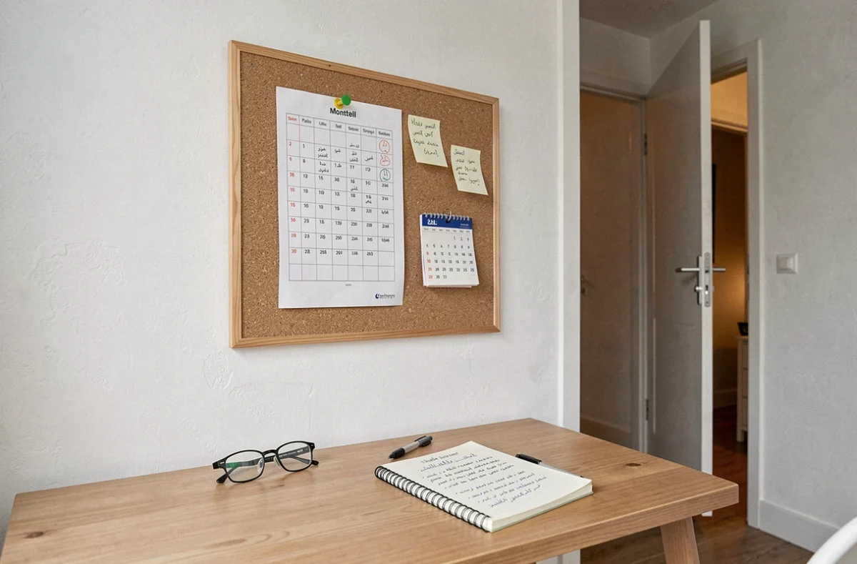 Tableau mensuel des horaires de prière imprimé affiché sur un tableau en liège dans un bureau à domicile à Ivry-sur-Seine
