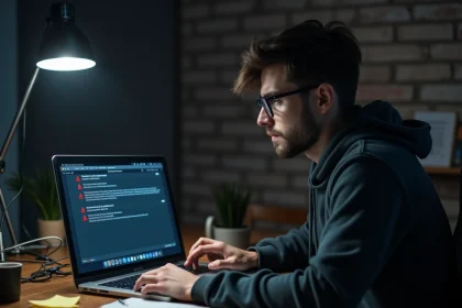 Homme inquiet devant un ordinateur portable affichant des alertes de virus et malwares lors d'un téléchargement