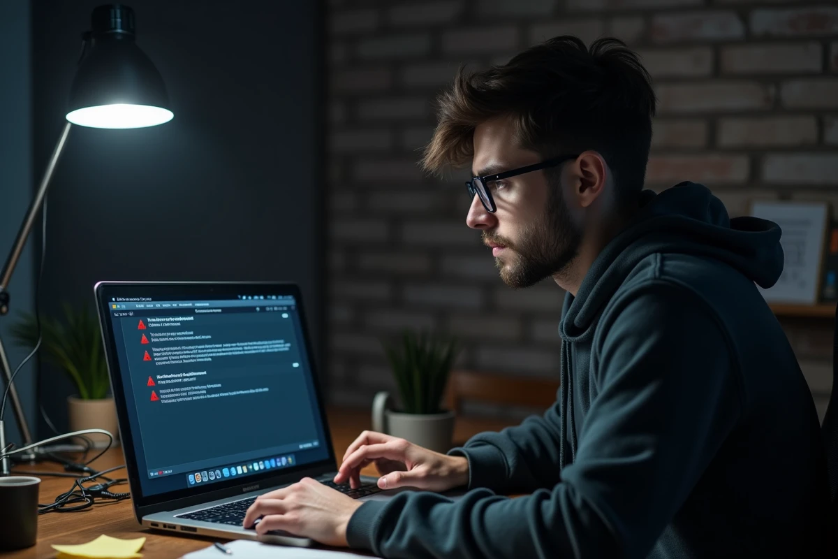 Homme inquiet devant un ordinateur portable affichant des alertes de virus et malwares lors d'un téléchargement