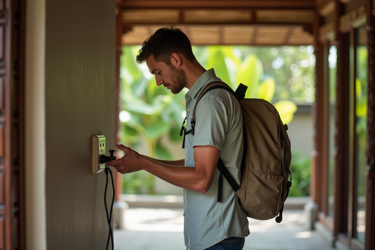 Touriste européen examinant une prise balinaise dans un homestay