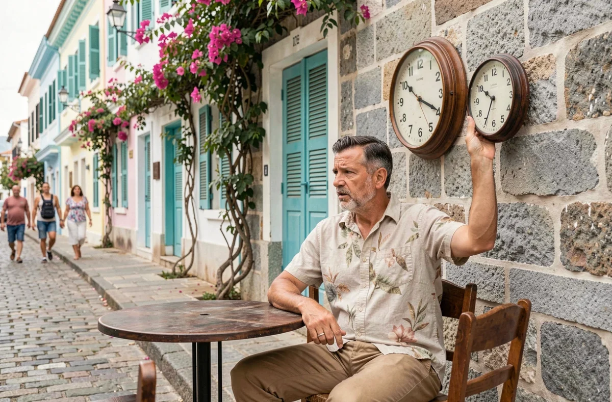 Touriste comparant deux horloges murales dans un café colonial en Martinique